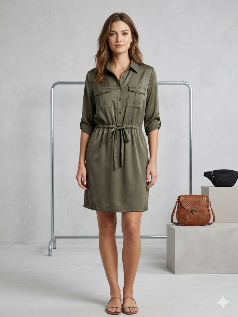 Olive Green Tie-Waist Shirt Dress